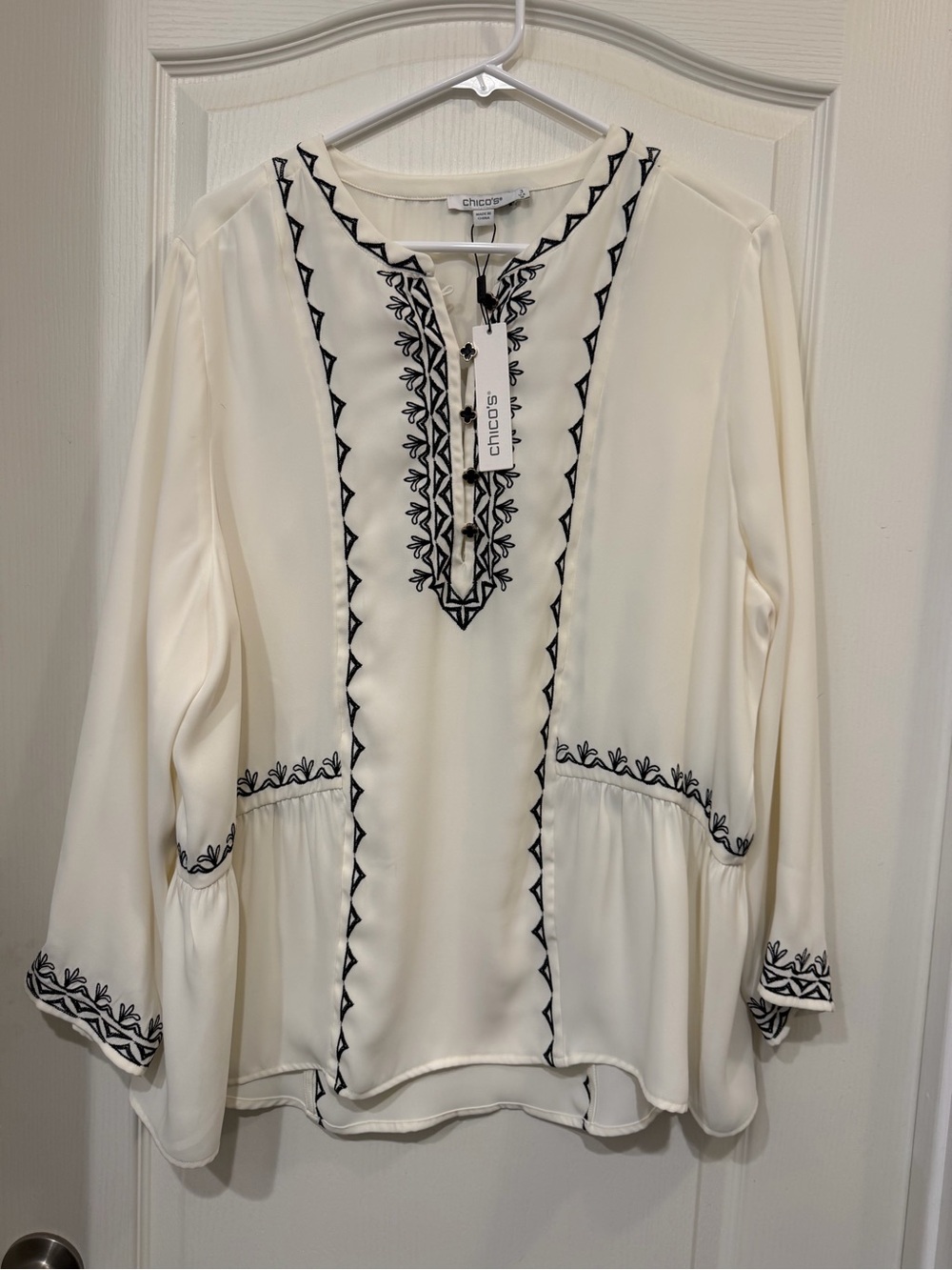 Chico's Ivory Tunic Blouse with Black Embroidery